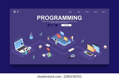 Programming company concept 3d isometric landing page template. People create software, writing code for programs, testing mobile applications. Vector illustration in isometry graphic design.