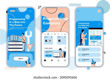 Programming company concept onboarding screens for mobile app templates. Software development, job in IT industry. UI, UX, GUI user interface kit with people scenes for web design. Vector illustration svg