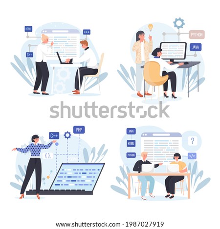 Programming company concept scenes set. Programming teams work with code, build apps, test and maintain program. Collection of people activities. Vector illustration of characters in flat design