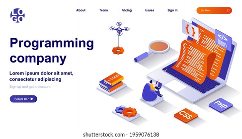 Programming company isometric landing page. Development of programs and app isometry concept. Programmer coding, testing code 3d web banner. Vector illustration with people characters in flat design