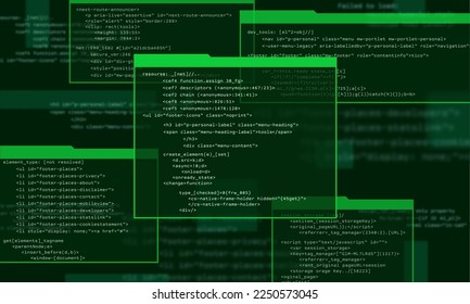 Programming computer code. Abstract visualization of coding. Digital background constructed with window and different symbols. Vector illustration.