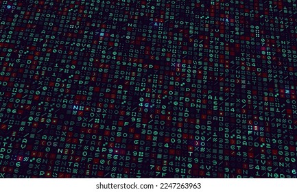 Programming computer code. Digital background constructed with different symbols. Abstract visualization of coding. Vector illustration.