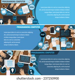 Programming Computer Flyer Template - Vector Illustration, Graphic Design, Editable For Your Design. Business Concept. Flat Icons: Html5, Css3, Php, Java, Xml, C++