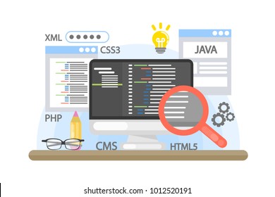 Programming computer illustration. Screen with code on desk.