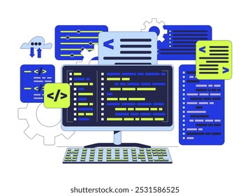 Programming computing 2D cartoon object. Backend program coding. Computer keyboard with syntax codes. Back-end development isolated element flat vector clipart on white background. Spot illustration