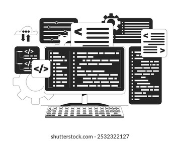 Programming computing black and white 2D line object. Backend program coding development. Computer keyboard with syntax codes isolated clip art vector outline item. Monochromatic spot illustration