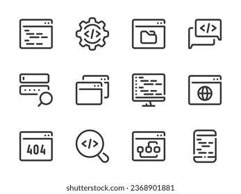 Iconos de línea vectorial de programación e computación. Conjunto de iconos de esquema de Codificación y Desarrollo de software. Código de sitio web, página web, tecnología en línea, código, aplicación, programa y más.