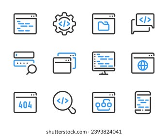 Programming and Computing vector line icons. Coding and Software Development outline icon set. Website code, Web Page, Online Technology, Code, Application, Program and more.