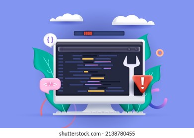Ilustración 3D del concepto de programación. Composición de iconos con codificación y pruebas en pantalla de computadora, desarrollo y optimización de software y programas. Ilustración vectorial para diseño web moderno