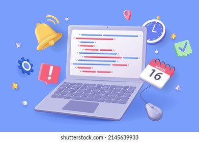 Programming concept 3D illustration. Icon composition with code at laptop screen and other. Creation, development and testing of programs and software. Vector illustration for modern web design