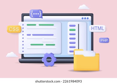 Programming concept 3D illustration. Icon composition with html, php and other coding languages on computer screen, software and programs creating process. Vector illustration for modern web design