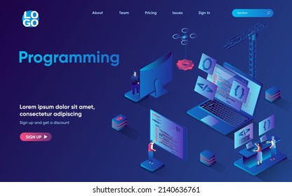 Programming concept 3d isometric web landing page. People develop software and programs, create applications, work with code, optimize and launch product. Vector illustration for web template design