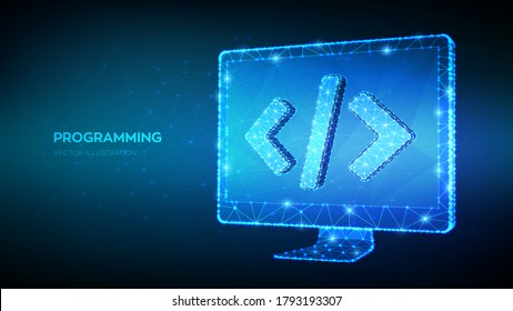 Programming concept. Abstract low polygonal computer monitor with programming code symbol. Coding or Hacker background. Development and software concept. Vector Illustration.