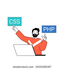 Programming concept with cartoon people in flat design for web. Man working as software developer and coding in css and php languages. Vector illustration for social media banner, marketing material.