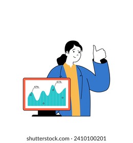 Programming concept with cartoon people in flat design for web. Woman analyzing data of user experience with new programs and apps. Vector illustration for social media banner, marketing material.