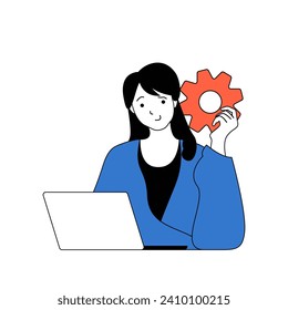Programming concept with cartoon people in flat design for web. Woman working as programmer, creating software and solving problems. Vector illustration for social media banner, marketing material.