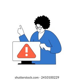 Programming concept with cartoon people in flat design for web. Woman finding software problems, fixing bugs at computer screen. Vector illustration for social media banner, marketing material.