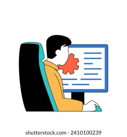Programming concept with cartoon people in flat design for web. Man coding and engineering programs, testing products, fixing bugs. Vector illustration for social media banner, marketing material.