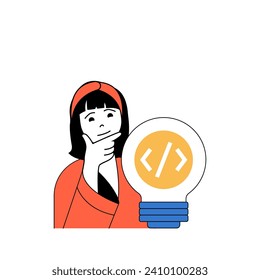 Programming concept with cartoon people in flat design for web. Woman brainstorming, finding new ideas and solutions for software. Vector illustration for social media banner, marketing material.