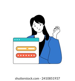 Programming concept with cartoon people in flat design for web. Woman coding and engineering apps, using safety login access to system. Vector illustration for social media banner, marketing material.