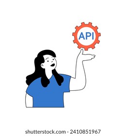 Programming concept with cartoon people in flat design for web. Woman working with API, creates interface layouts, makes optimization. Vector illustration for social media banner, marketing material.