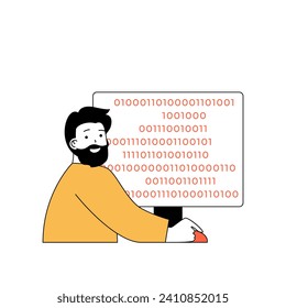 Programming concept with cartoon people in flat design for web. Man creating product code, searching and fixing bugs before release. Vector illustration for social media banner, marketing material.