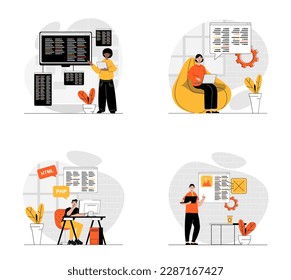Programming concept with character set. Collection of scenes people working with code, testing and optimization programs, creating new products in IT company. Vector illustrations in flat web design