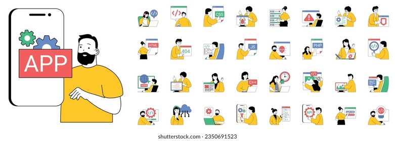 Programming concept with character situations mega set. Bundle of scenes people creating apps and programs, working with code different languages and other. Vector illustrations in flat web design