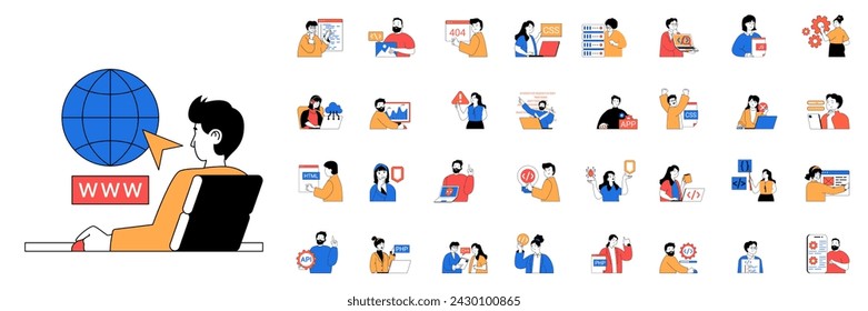 Programming concept with character situations mega set in flat web design. Bundle of scenes people working with program code, coding apps and creating software, fixing bugs. Vector illustrations.