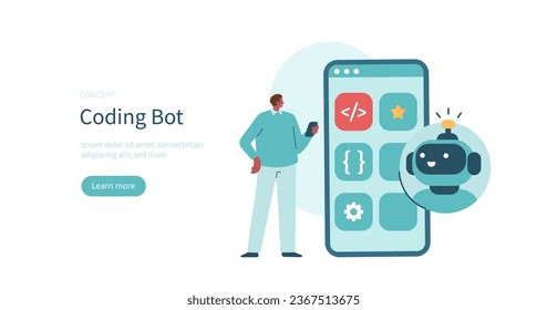 Programming concept. Character using chat bot made with neural network technology as coding and programming assistant. Vector illustration.