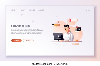 Programming concept, Character web engineer at work, vector illustration. Developer programming web site landing page template.