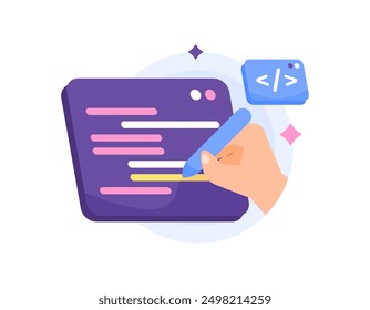 programming concept. programming course or training. learn to create a program script. illustration of a hand using a pen to write a program script. coding. flat style design. graphic elements