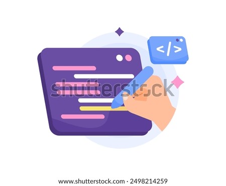 programming concept. programming course or training. learn to create a program script. illustration of a hand using a pen to write a program script. coding. flat style design. graphic elements