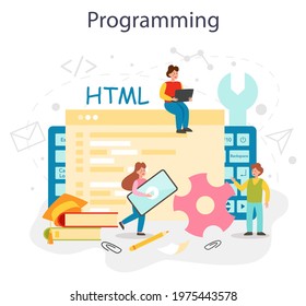 Programming concept. IT education, student writing a software and coding application. Java script for IT project. Digital technology development for website interface. Vector illustration.