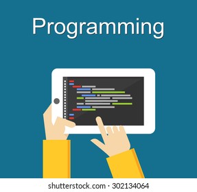 Programming concept. Flat design illustration concepts for analysis, working, brainstorming, coding, programming.