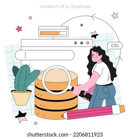 Programming concept. Idea of coding, testing and writing programs and applications. Software setup, database optimization, verification system development. Flat vector illustration