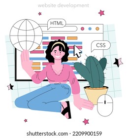 Programming concept. Idea of coding, testing and writing programs and applications. Website front end and back end development and optimization. Flat vector illustration