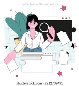 Programming concept. Idea of coding, testing and writing programs and applications. Software setup, database optimization, verification system development. Flat vector illustration