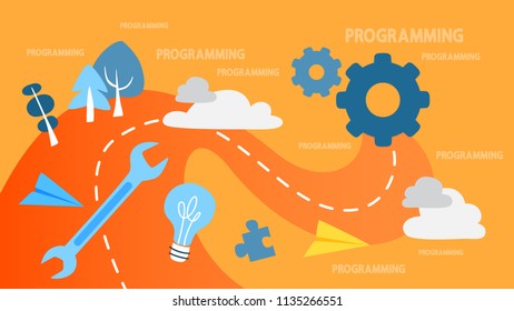 Programming concept. Idea of working on the computer, coding, testing and writing program, using internet and different software. Website development . Flat vector illustration