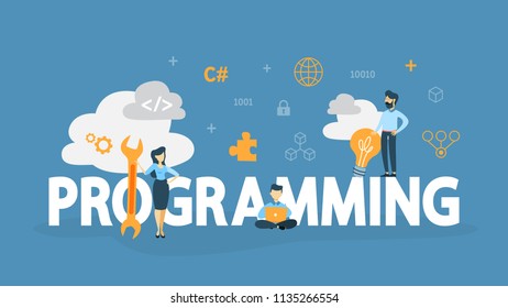 Programming concept. Idea of working on the computer, coding, testing and writing program, using internet and different software. Website development . Flat vector illustration