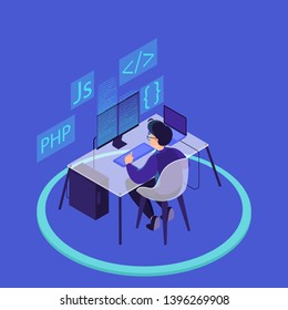 Programming concept. Idea of working on the computer, coding, testing and writing program, using internet and different software. Website development . Isolated vector illustration in cartoon style