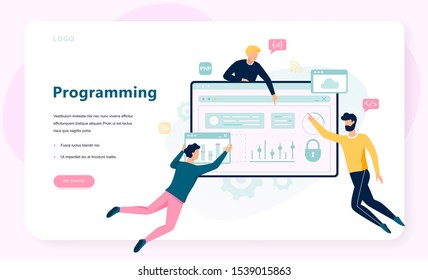 Programming concept. Idea of working on the computer, coding, testing and writing program, using internet and different software. Website development . Isolated vector illustration in cartoon style