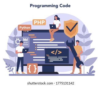 Programming concept. Idea of working on the computer, coding, testing and writing program, using internet and different software. Website development . Isolated vector illustration in cartoon style