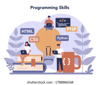 Programming concept. Idea of working on the computer, coding, testing and writing program, using internet and different software. Website development . Isolated vector illustration in cartoon style