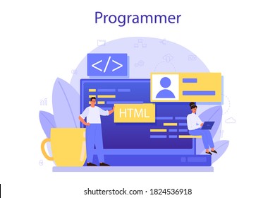 Programming concept. Idea of working on the computer, coding, testing and writing program, using internet and different software. Website development . Isolated vector illustration