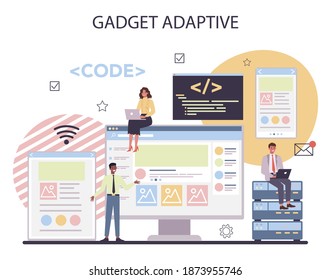 Programming concept. Idea of working on the computer, coding, testing and writing program. Website front end and back end development. Isolated vector illustration