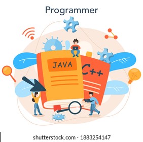 Programming concept. Idea of working on the computer, coding, testing and writing program, using internet and different software. Website development . Isolated vector illustration