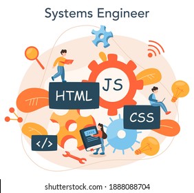 Programming concept. Idea of working on the computer, coding, testing and writing program, using internet and different software. Website development . Isolated vector illustration