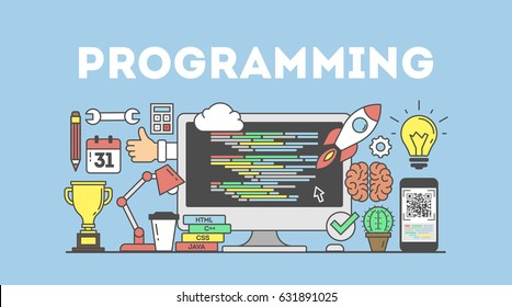 Programming Concept Illustration. Signs And Icons On Blue Background.