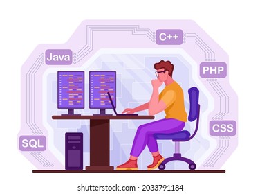 Programming concept. A male programmer works at a computer, creates a program code. Various programming languages. Color vector flat illustration isolated on white background.